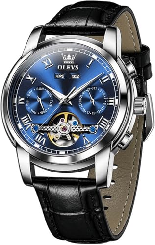 Image of OLEVS Mechanical Dress Mens Watches Square Brown Leather Strap Moon Phase Skeleton Tourbillion Day Date Waterproof Luminous Men's Wrist Watches