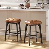 VASAGLE Bar Stools Set of 2, Saddle Counter Height Bar Stools, 26-Inch Backless Kitchen Stools with Wood Legs, PU Leather Thickened Upholstered Barstools for Kitchen Island Dining Room, Coffee Brown