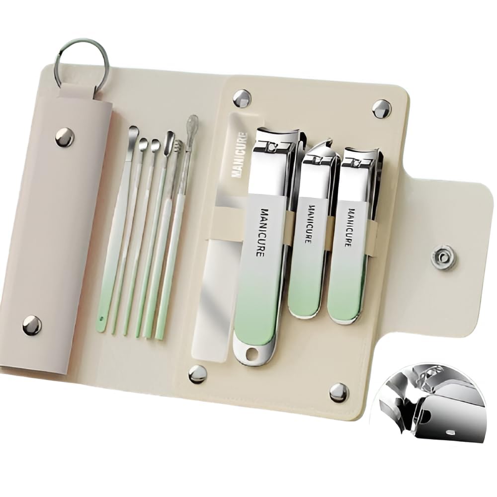 manicure set nail clippers kit – 10 pcs travel mini nail kit with leather case , ultra sharp sturdy fingernail toenail clipper nail clipper men & women, includes earpick, nail file & more (light green)