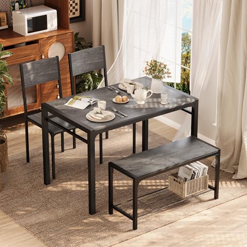 Shahoo Kitchen Table and 2 Chairs for 4 with Bench, 4 Piece Dining Sets for Small Space, Grey