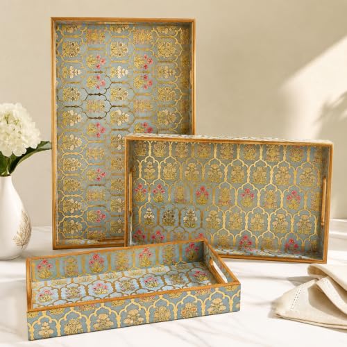 Image of Wooden Serving Tray Set of 3 Waterproof MDF Decorative Trays for Tea, Coffee & Breakfast | Floral Jharoka Design Multipurpose Dining Table Tray Set for Kitchen & Home Decor