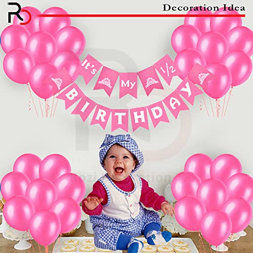 Image of Rozi Decoration Half Birthday Pink Theme Party Decor 1 /2 Year Birthday Kit Banner & Balloon For 6 Month Birthday Girl Pack of 31 Pcs