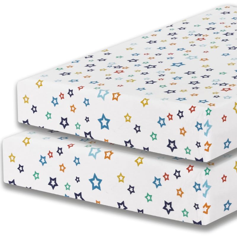 INDUS TEXTILES 2 x Cot Bed Sheets Super Soft Breathable Polycotton Fitted Cot Sheet 70 x 140 cm (Multi Star White)