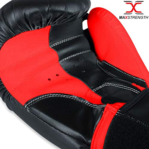 Image of Max Strength Boxing Gloves | Set in 12oz 10oz 8oz for Pro Sparring Kickboxing MMA Muay Thai | Extra Padded Protection for Men Women with Ventilated Palm (Black /Red 12oz)