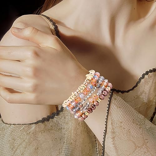 WAINIS 6 Sets Bohemian Beaded Stackable Bracelets for Women Stretch Multilayered Crystal Bracelet Set Multicolor Boho Glass Bead Bracelets Pack4