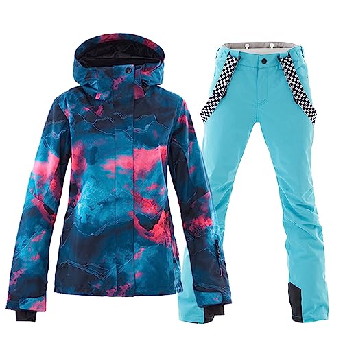 ALSOGO Damen Skianzug Schneeanzug Winddicht Wasserdicht Skifahren Snowboardjacke Trägerhose Set Zum Skifahren Snowboarden Klettern SMNGN+Blue M