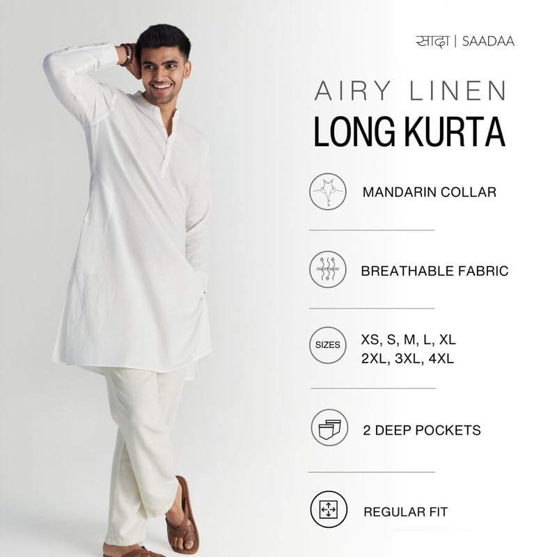 Image of SAADAA Men's Long Kurta - Linen Cotton Blend, Airy Fabric, Regular Fit, Mandarin Collar, Solid Color - Casual, Festive & Ethnic Wear