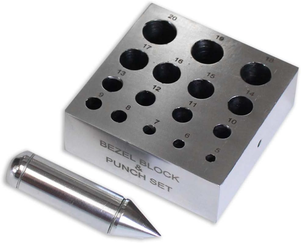 BENCH WIZARD Heavy Duty Bezel Block & Punch Set | 4" x 4" x 1.5" Design | 17 Degrees Pointing Tip | 5-20mm Punch Sizes | Great for Soft Metal Sheets - Gold, Silver, Brass, Copper & More