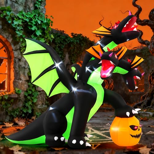 Whubefy 8 FT Large Inflatable Yard Decorations Inflatables 3 -Headed Dragon Outdoor Decor Scary Blow Up Yard Dragon with Built-in 3 Colors LEDs for Lawn Entrance Indoor Party Garden Inflated Decor