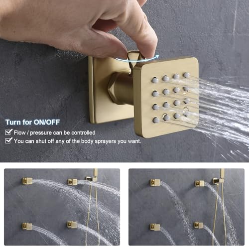 Sistema de ducha LED dual ENGA, ducha de lluvia grande de 14" x 20" + ducha de pared de 6", 4 chorros corporales con encendido/apagado individual y presión ajustable del agua, juego de grifería de ducha de lluvia, dorado cepillado miniatura 4