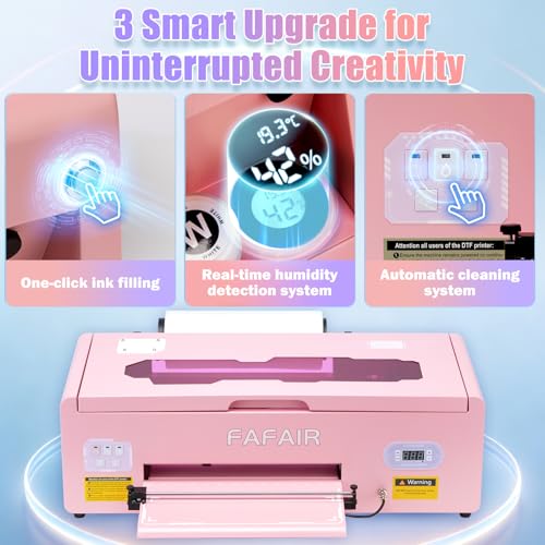 Image of FAFAIR A3 L1800 DTF Printer with 6 Smart Upgrades, DTF Printing Machine with White Ink Mixing System & Auto Clean, High Speed Production DTF Printer Bundles for Apparel Shoes Hats, (L1800+Oven, Pink)
