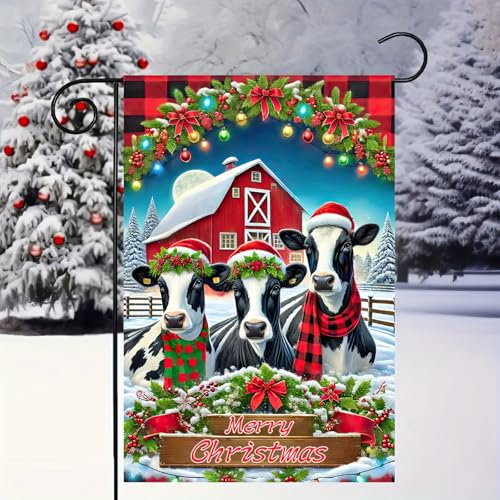 Image of BlissYard Christmas Garden Flag 12x18 Inch Farm Cows Barn Yard Decor