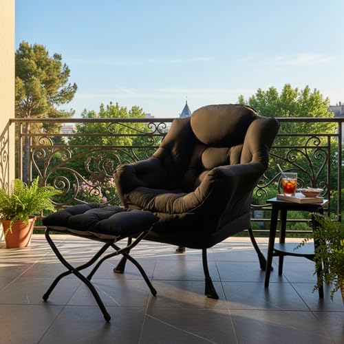 Image of Tiita Lazy Chair with Ottoman, Black Modern Large Accent Chair, Comfy Leisure Sofa Armchair with Ottoman, Reading Chair with Footrest for Bedroom, Living Room, Dorm Rooms, Black