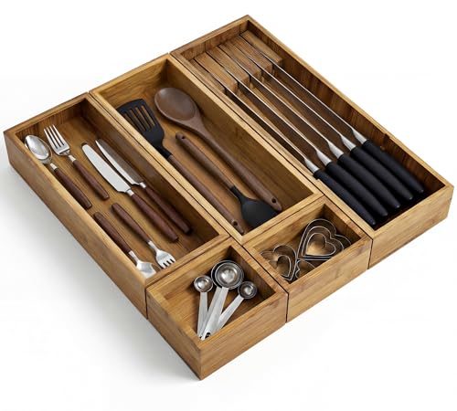 KOCWELL Bamboo Silverware Drawer Organizer with Knife Block,...