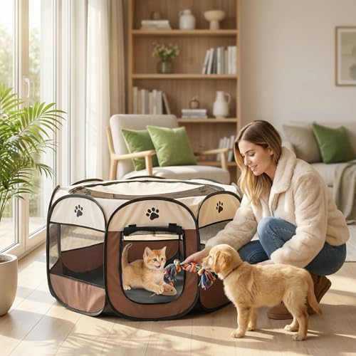 Welpenauslauf 74x74x43cm, BRIMOREA Katzenkäfig Hundekäfig für zuhause, Gitterbox Hund Wurfbox für Katzen Kaninchenstall innen Katzengehege Balkon Katzenkäfig für Draußen Hasen Auslauf(Braun)