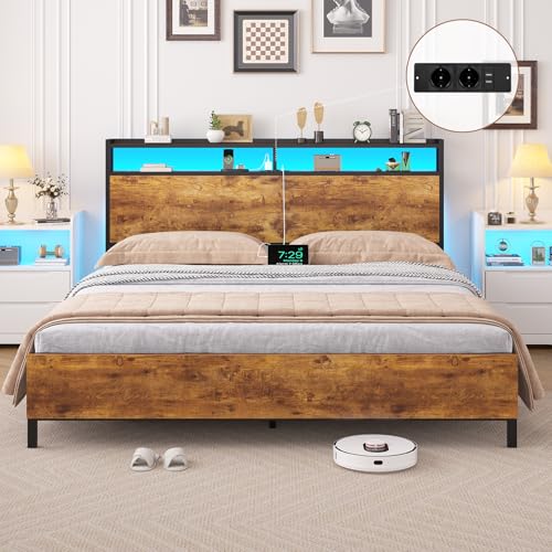 Brinlawb Struttura Letto Matrimoniale 160x200 cm con Luce LED e Stazione di Ricarica (2 Prese CA, 2 Porte USB) Struttura Letto 160x200 cm con struttura in metallo, Facile da montare, Moderno, Marrone