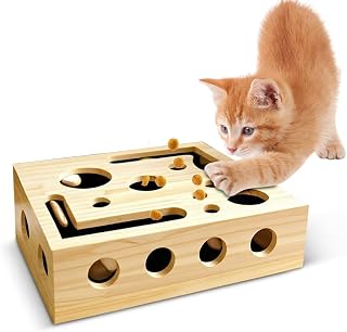 Beschäftigungsbox Krallenfeile Katzen, 30X25X8CM Kratzpuzzle Spielbox Holz Katzen, Interaktives Futter Futterspielzeug Katzens für Drinnen, Kratzbrett für scharfe Katzenkrallen