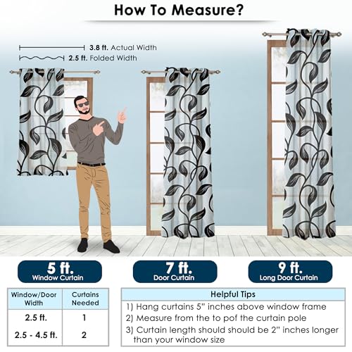 Image of Window Curtains 5 Feet Long Set of 2 | Light Filtering Curtains for Window | Floral Design, Polyester Curtain and Drapes for Living Room | (118 x 152 cm, Black) | Perfect for Home Decor