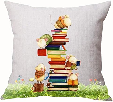 Queen's designer Cartoon Painted Lovely Animal Adorable Funny Mice Reading Stealing Books On The Grass Cotton Linen Decorative Throw Pillow Case Cushion Cover Square 18"X18
