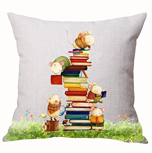 Queen's Designer Cartoon Painted Lovely Animal Adorable Funny Mice Reading Stealing Books On The Grass Cotton Linen Decorative Throw Pillow Case Cushion Cover Square 18"X18 #TOP4