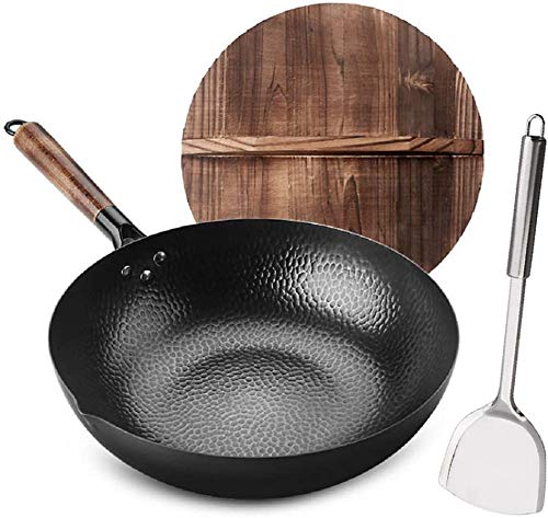 Craft Wok Traditional Hand Hammered Carbon Steel Pow Wok with Wooden and Steel Helper Handle (For Electric, Induction and Gas Stoves(12.5\"Flat Bottom Wok) - Thumbnail 5
