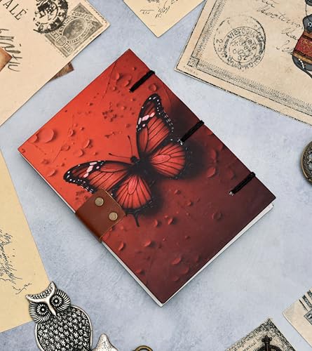 Image of Handmade Hardcover Diary | Red Butterfly Design Journal with Metal Lock & 125 GSM Recycled Paper (7x5 Inch)
