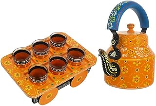 Rajwadi Crafts Hand Painted Alluminium Tea Kettle with Six Glasses and Wooden Tray For Home Décor, Tea Party, Serving (Rajwad-KETTLE-8)