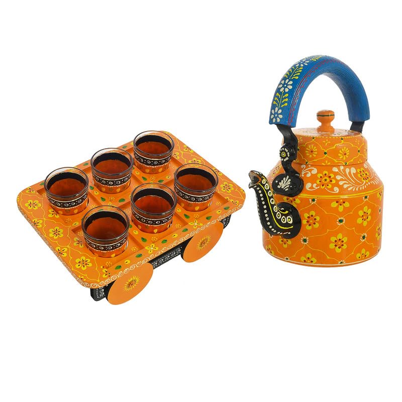 Bhav Crafts Hand Painted Alluminium Tea Kettle with Six Glasses and Wooden Tray For Home Décor, Tea Party, Serving (Galaxy-KETTLE-8)