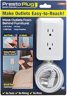 Ontel Presto Plug Outlet Extender for Relocating Unreachable Power Outlets, 4ft Cord, Sticks Easily on Wall, Provides Surge Protection, 2 AC Outlets, 2 USB Ports & Built-in Shelf