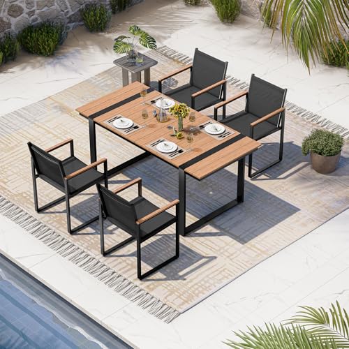 Image of Outdoor Dining Set, 5 Piece Aluminum Patio Furniture Set | Weather Resistant Outdoor Table and Chairs, HDPS Tabletop with Umbrella Hole, Textilene Mesh Chairs