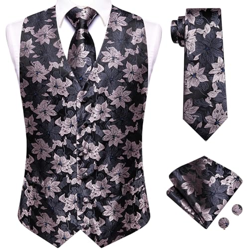 Hi-Tie Silk Black and Pink Suit Flower Vests For Men Jacquard Vest Tie Lapel Pin Gold Tie Clip Paisley Floral Casual Waistcoat Tuxedo Wedding Party Business