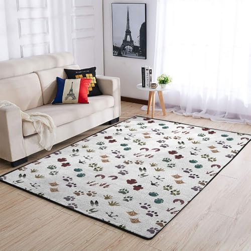 Image of Woodland Animals Tracks Large Area Rug Forest Animals Footprint Floor Mats Wild Animals Throw Carpet for Dorm Kids Nursery Bedroom Bathroom Living Room Kitchen Home Decor Playmat 48x72inch