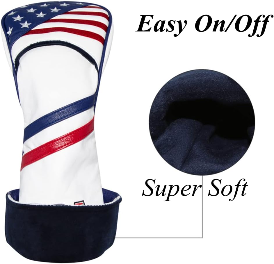 US Flag Golf Headcovers Set for Driver, Fairway Woods and Hybrids | 3pcs Golf Club Covers - Golf Driver Headcover, Fairway Wood Cover, Hybrid Cover fits for Taylormade, Ping, Adams All Brand