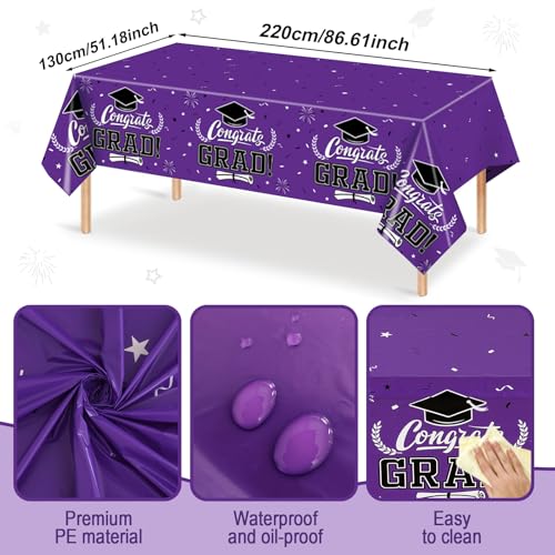 Image of Staraise 2025 Graduation Party Table Decorations 3PCS Purple Graduation Tablecloths,Waterproof Plastic Rectangular Disposable Table Cover for Congrats Grad Cloths Party Supplies,51.2x86.6inch