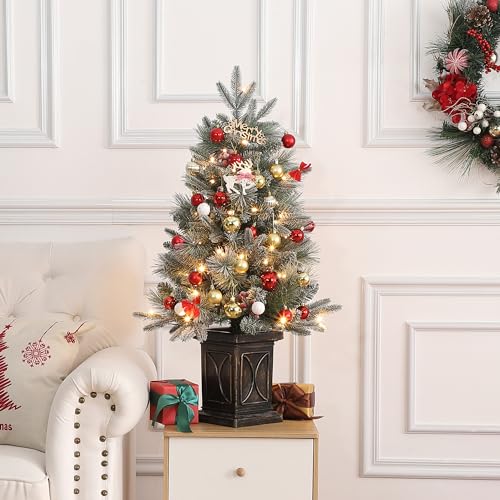 GarveeHome 3ft Small Christmas Tree Pre-Lit Artificial Christmas Tree with 78 Led Lights, Snow Flocked Xmas Tree with Arc Brown Base, 8 Lighting Modes, Timer Function, Battery Operated, For Home Decor