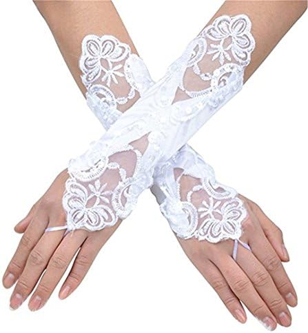 Women Bridal Gloves Lace Satin With Pearl Beaded Long Fingerless Wedding Gloves White