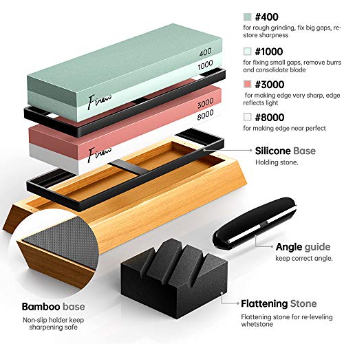Knife Sharpening Stone Set, Finew Professional Whetstone Sharpener Stone Kit, Premium 4 Side Grit 400/1000 3000/8000 Water Stones, Non-slip Bamboo Base, Flatting Stone, Angle Guide