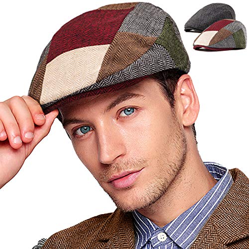 LADYBRO 2Pack Gift for Men Newsboy Hats Cap Wool Blend (Black+Patchwork 02, L/XL, 7 5/8)
