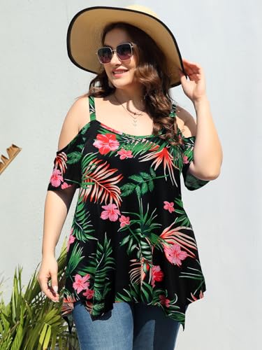 Image of LARACE Cold Shoulder Tops for Womens Summer Clothes Spaghetti Strape Tunic Oversized Shirts Asymmetrical Plus Size Blouse
