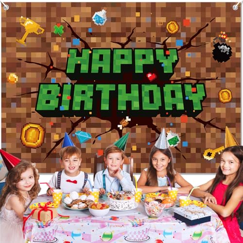 Image of Pixel Happy Birthday Backdrop, 83x59in /210x150cm Pixel Theme Party Decorations Video Game Banner Backdrop for Gaming Birthday Decor