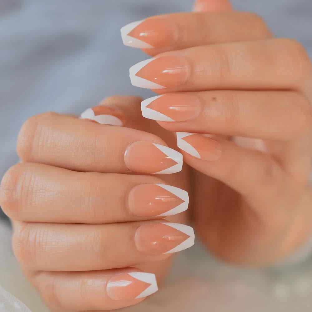 Amazon.com: EchiQ Romantic Pink Nude Fake Nails Long Coffin V Shape Nail  Artificial Valentines Day 24pcs/sets French False Nails For Girlfriend :  Beauty & Personal Care