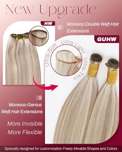 Image of Moresoo Genius Weft Hair Extensions Human Hair, Highlights Ash Blonde | Crafted with Remy human hair, 18 Inch 50g, smooth texture for parties, events and creative hairstyles