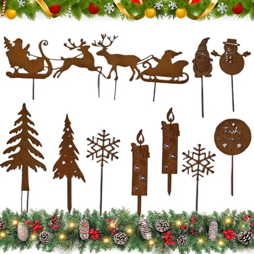 Garten Roststecker Metall Adventskranz Rost Dekostecker Winterwald Rost Gartendeko Stecker Rostoptik Gartenstecker Garten Metallstecker zum Advent Weihnachten Deko,Gartenstecker Weihnachten