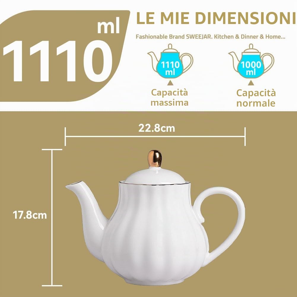 Sweejar Home Royal Teiera, teiera in ceramica con infusore rimovibile in acciaio inox, teiera con fiori e foglie sciolte - (5-6 tazze) 1100 ml (bianco)