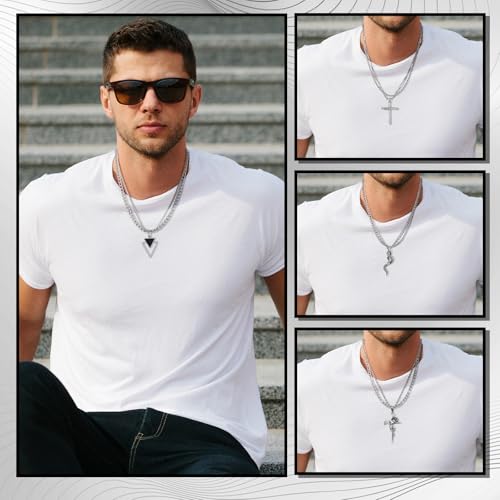 Patelai 20 Pcs Stainless Steel Necklaces for Men Sliver Cross Hexagram Chain Pendant Nail Rose Snake Pendant Chain Necklace Set for Men2