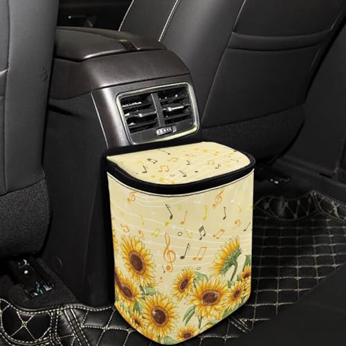 Image of Talayituse Sunflower Music Note Print Car Trash Bin, Large Size Auto Trash Can Adjustable Portable Garbage Can with Lid, Vehicle Hanging Bag for Headrest Front Back Seat