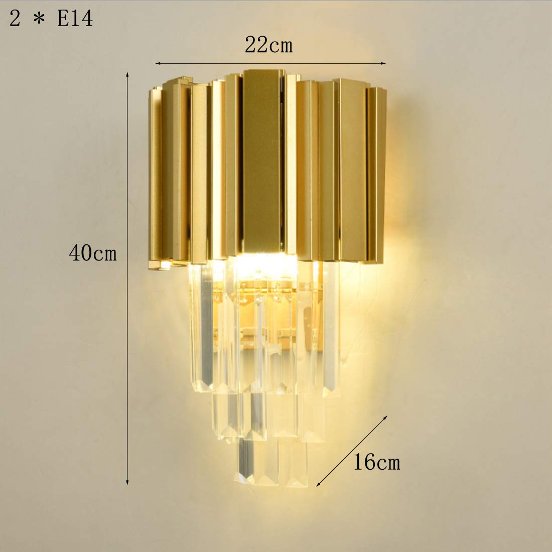 LED E14 Wandleuchte Kristall Modern Schlafzimmer Wohnzimmer Korridor Flur Lampe, Golden Wandlampe 2-Flammig Rechteck Wandlichter Kreativ für Küchen-insel Esszimmer Arbeitszimmer Villa Treppen, 22*40cm