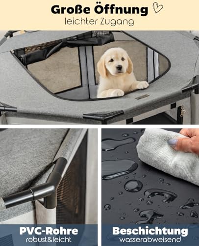 lionto Welpenauslauf aus Oxford-Gewebe, atmungsaktives Netz mit Reißverschluss & Seitentasche, Freilaufgehege für Hunde & Katzen mit Rahmen aus PVC-Rohren, achteckiger Hundekäfig, 112x112x62 cm, grau