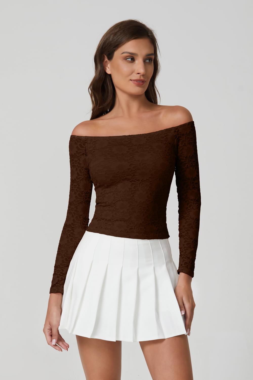 QINSEN Womens Lace Trim Off Shouder Top Long Sleeve Double Lined Y2k Trendy T Shirts - Image 4