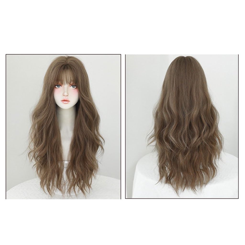 Perruque femme cheveux humains naturels bruns et noirs ondulés avec frange élégante